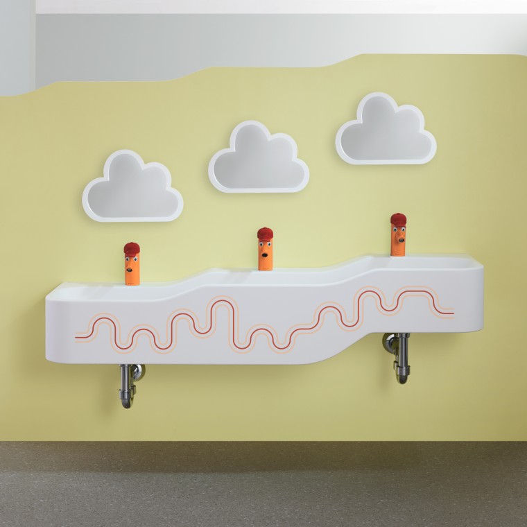 Umivalnik za otroke Geberit Bambini v karminsko rdeči in oranžni barvi