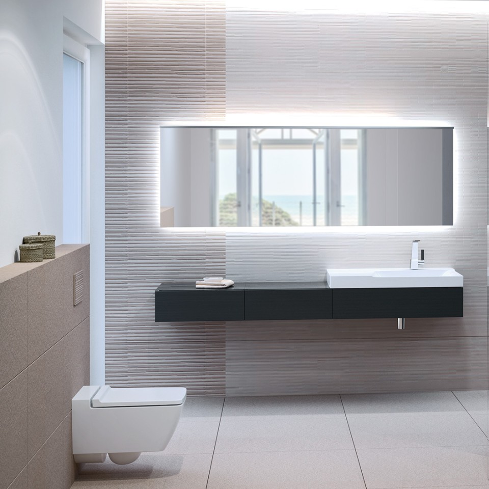 Kopalniško pohištvo Geberit Xeno² WC školjka Rimfree, aktivirna tipka Sigma70 in umivalnik Kopalniško pohištvo Geberit Xeno² WC školjka Rimfree, aktivirna tipka Sigma70 in umivalnik