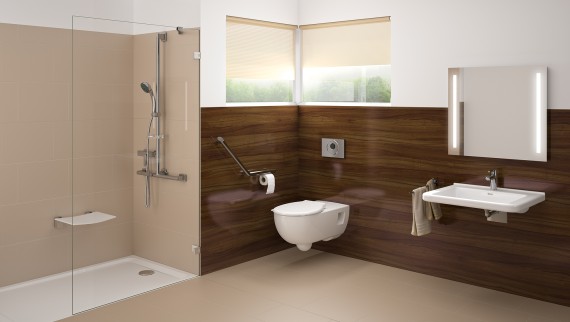 Kopalnica brez ovir z umivalnikom, WC školjko in prho v ravni tal