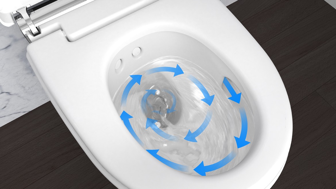 Tehnologija splakovanja TurboFlush pri straniščni školjki Geberit AquaClean Tehnologija splakovanja TurboFlush pri straniščni školjki Geberit AquaClean