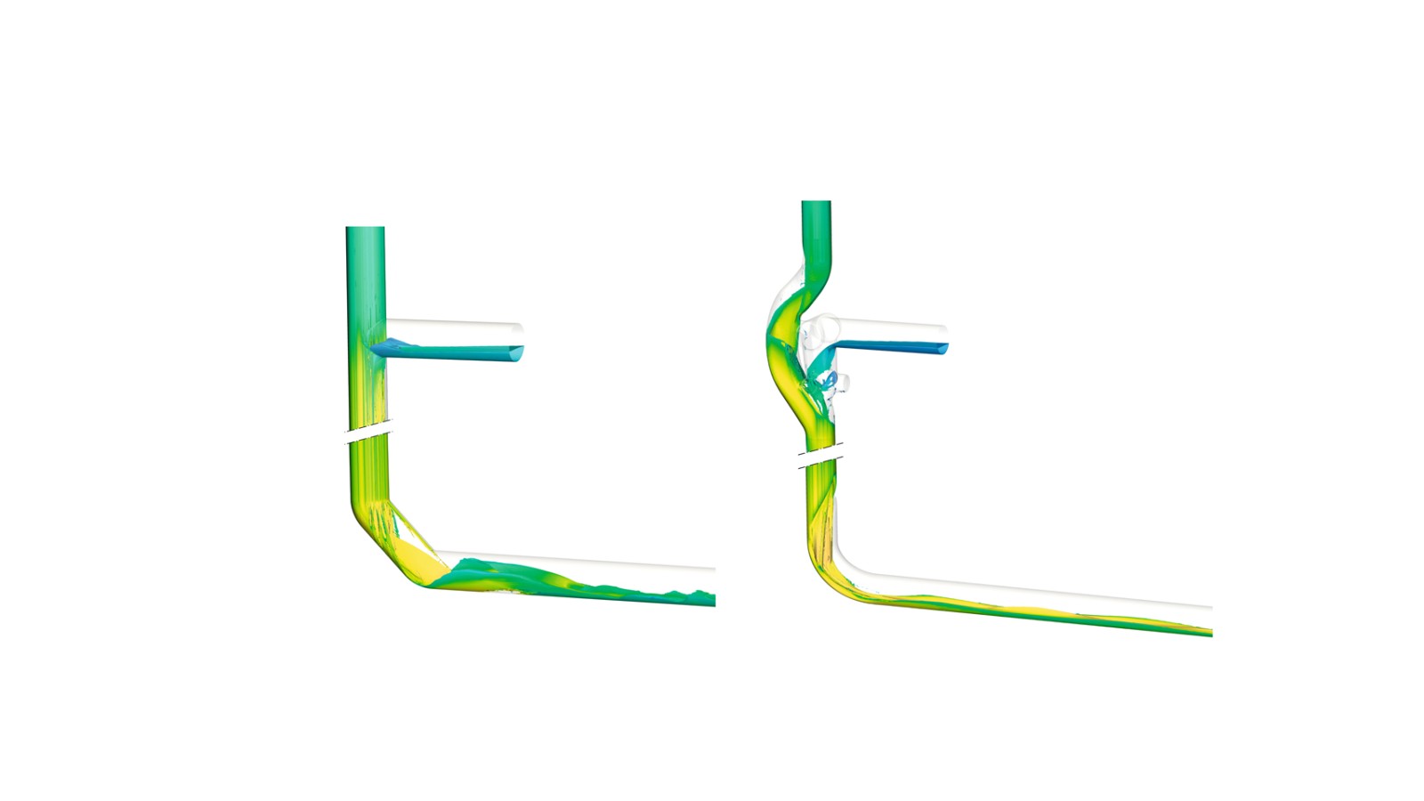 Sprememba smeri s pomočjo dveh kolen Geberit Silent-db20 160 mm pod kotom 45°, kot je prikazano na levi, povzroči vrtinčenje vode v cevi, kar pripomore k zmanjšanju nastajanja hrupa. Nasprotno pa koleno Geberit Silent-db20 BottomTurn, kot je prikazano na desni, mirno in urejeno pretvori obročasti tok iz vertikalnega voda v plastni tok. Sprememba smeri s pomočjo dveh kolen Geberit Silent-db20 160 mm pod kotom 45°, kot je prikazano na levi, povzroči vrtinčenje vode v cevi, kar pripomore k zmanjšanju nastajanja hrupa. Nasprotno pa koleno Geberit Silent-db20 BottomTurn, kot je prikazano na desni, mirno in urejeno pretvori obročasti tok iz vertikalnega voda v plastni tok.
