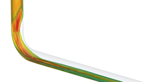 Animacija CFD prikazuje, kako malo impulza izgubi tok v kolenu Geberit BottomTurn