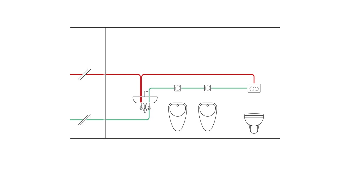 Primer napeljave časovno krmiljene higienske splakovalne enote