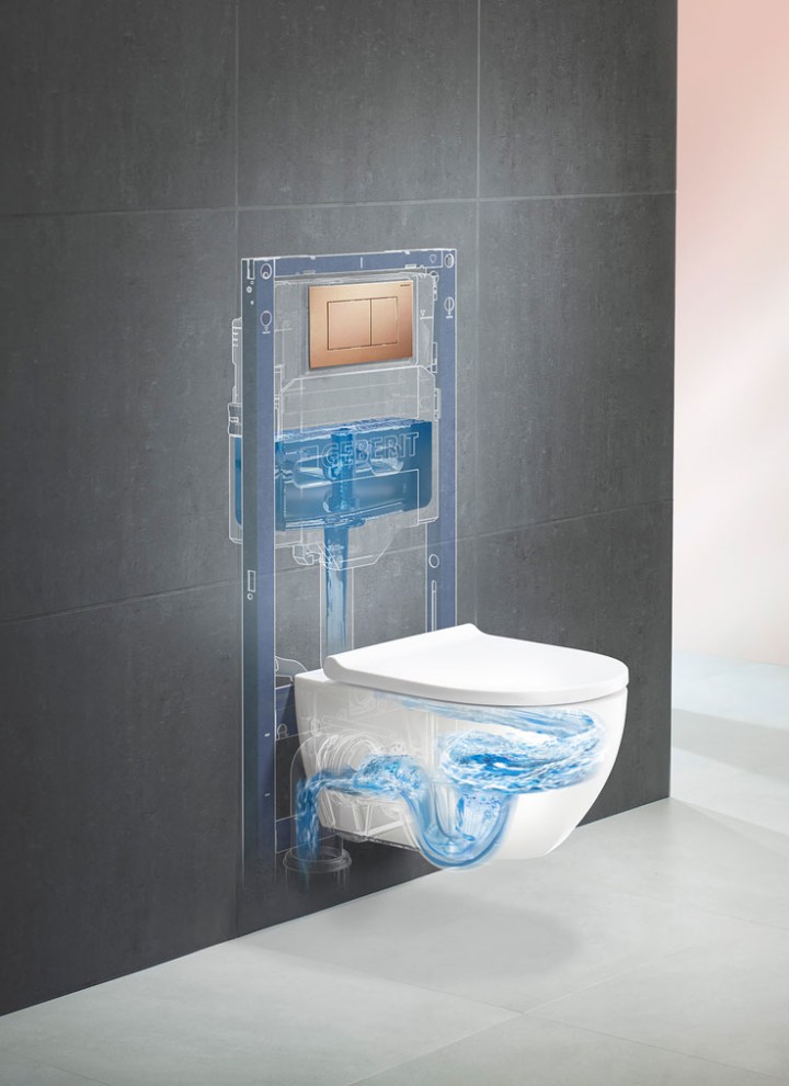 WC sistem Geberit z WC školjko Acanto, tehnologijo TurboFlush in aktivirno tipko Geberit Sigma40