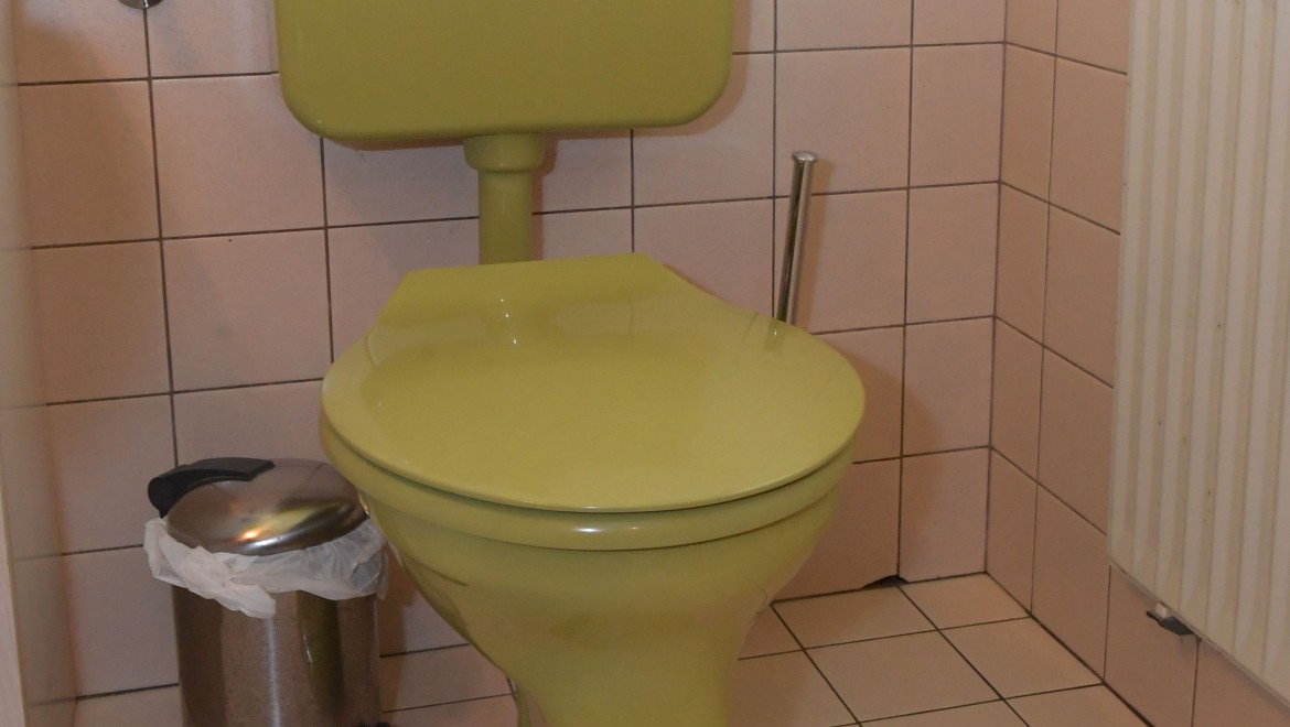 Stari WC z izpostavljeni splakovalnikom v kopalnici za goste