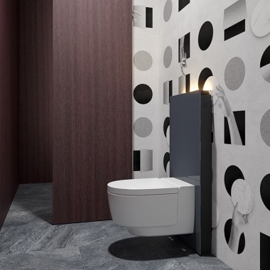 Kopalnica za goste s tuš WC-jem Geberit AquaClean Mera in sanitarnim modulom Monolith (©Bloomrealities/HTA für H.O.M.E. Haus 2022)
