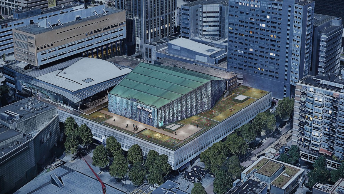 Ravna streha meri več kot 2500 m2 in poteka okoli bakrene strehe velike koncertne dvorane. (© Plotvis and Kraaijvanger Architecten) Ravna streha meri več kot 2500 m2 in poteka okoli bakrene strehe velike koncertne dvorane. (© Plotvis and Kraaijvanger Architecten)