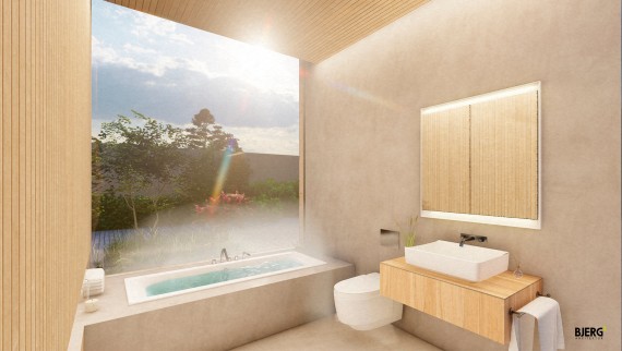 V 6 kvadratnih metrov veliki kopalnici je treba čutiti mir in spokojnost (© Bjerg Arkitektur)
