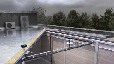 Sistem za odvodnjavanje streh Geberit Pluvia poskrbi za odtekanje vode z vseh treh stolpnic z relativno malo elementi. (© Geberit)