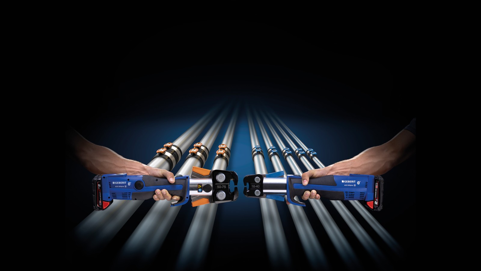 Barvno kodirano ujemanje stiskalne čeljusti z dimenzijami fitingov Geberit FlowFit Barvno kodirano ujemanje stiskalne čeljusti z dimenzijami fitingov Geberit FlowFit