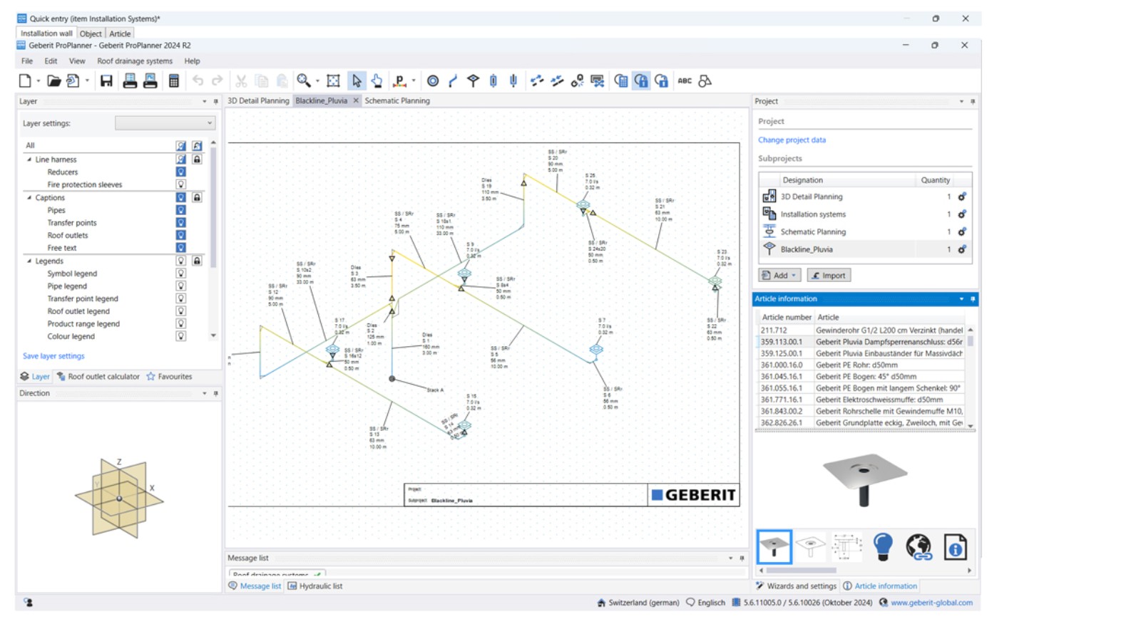 Isometric planning of Geberit Pluvia in Geberit ProPlanner