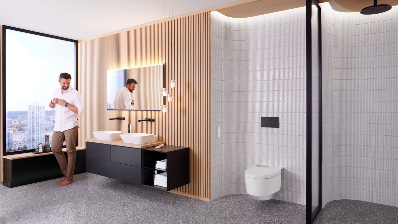 Moški v kopalnici Geberit ONE z ogledalom Geberit AquaClean Mera in Geberit Option Plus Moški v kopalnici Geberit ONE z ogledalom Geberit AquaClean Mera in Geberit Option Plus