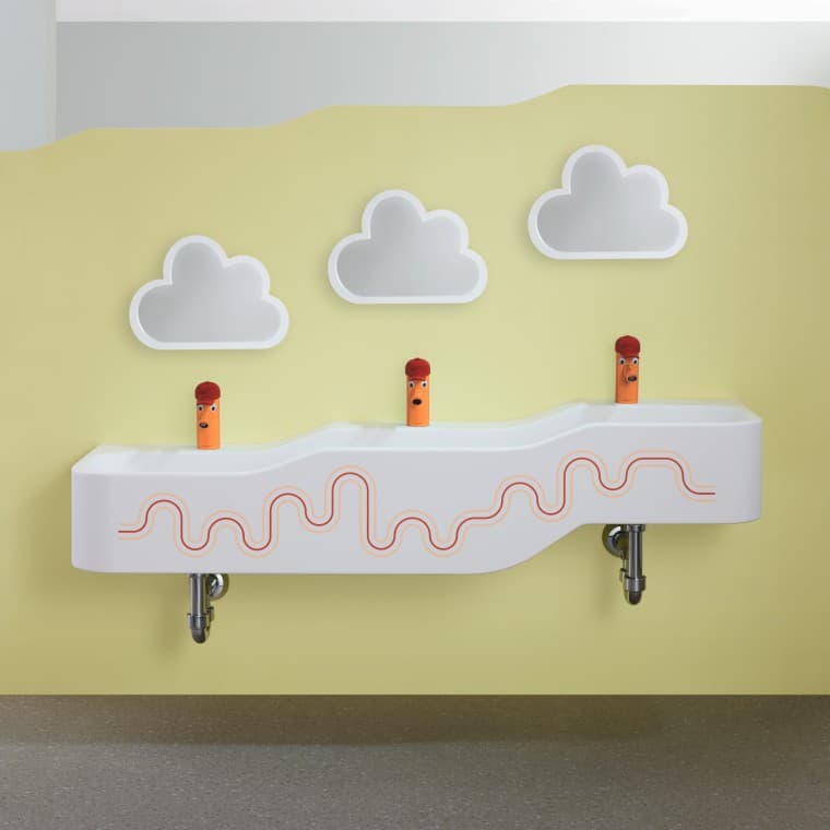 Umivalnik za otroke Geberit Bambini v karminsko rdeči in oranžni barvi Umivalnik za otroke Geberit Bambini v karminsko rdeči in oranžni barvi