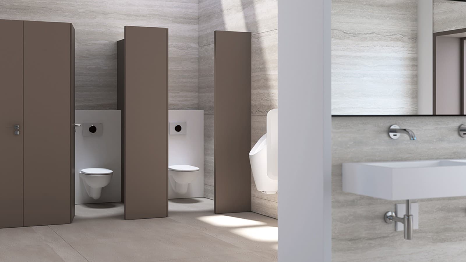 Javno stranišče s splakovalnikom podjetja Geberit, aktivirne tipke in pisoarji Javno stranišče s splakovalnikom podjetja Geberit, aktivirne tipke in pisoarji