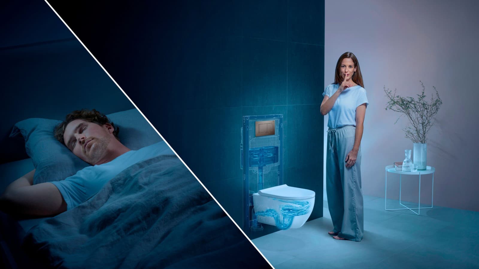 Ženska splakuje wc školjko in moški spi Ženska splakuje wc školjko in moški spi