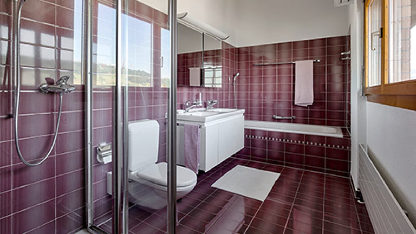 Kopalnica pred prenovo z rdečimi ploščicami Kopalnica pred prenovo z rdečimi ploščicami