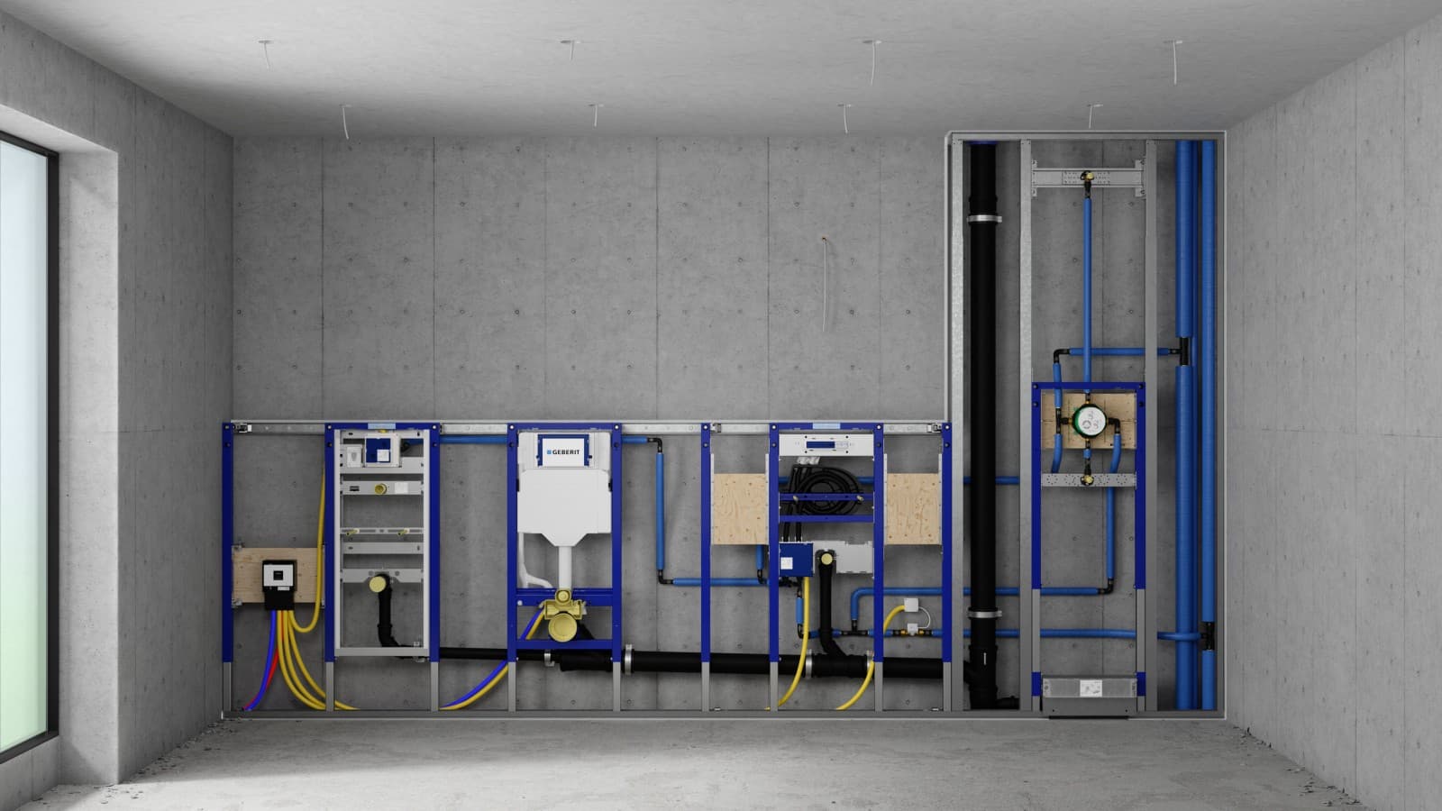 Inštalacijska stena z elementi Geberit Duofix za pisoar, WC, umivalnik in prho Inštalacijska stena z elementi Geberit Duofix za pisoar, WC, umivalnik in prho