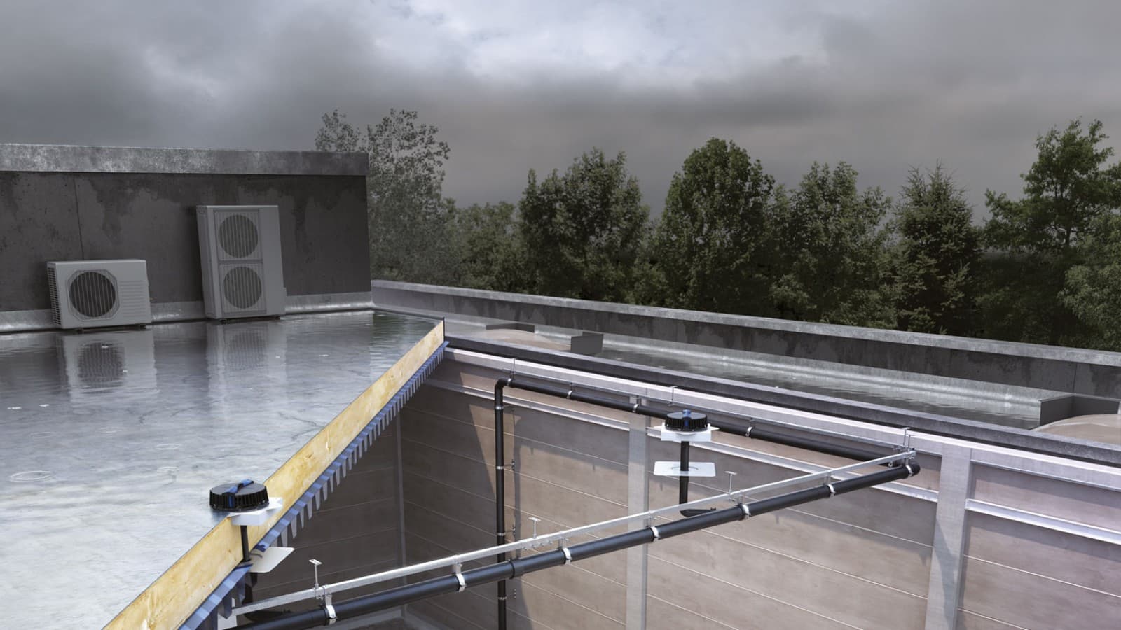 Sistem za odvodnjavanje streh Geberit Pluvia poskrbi za odtekanje vode z vseh treh stolpnic z relativno malo elementi. (© Geberit) Sistem za odvodnjavanje streh Geberit Pluvia poskrbi za odtekanje vode z vseh treh stolpnic z relativno malo elementi. (© Geberit)